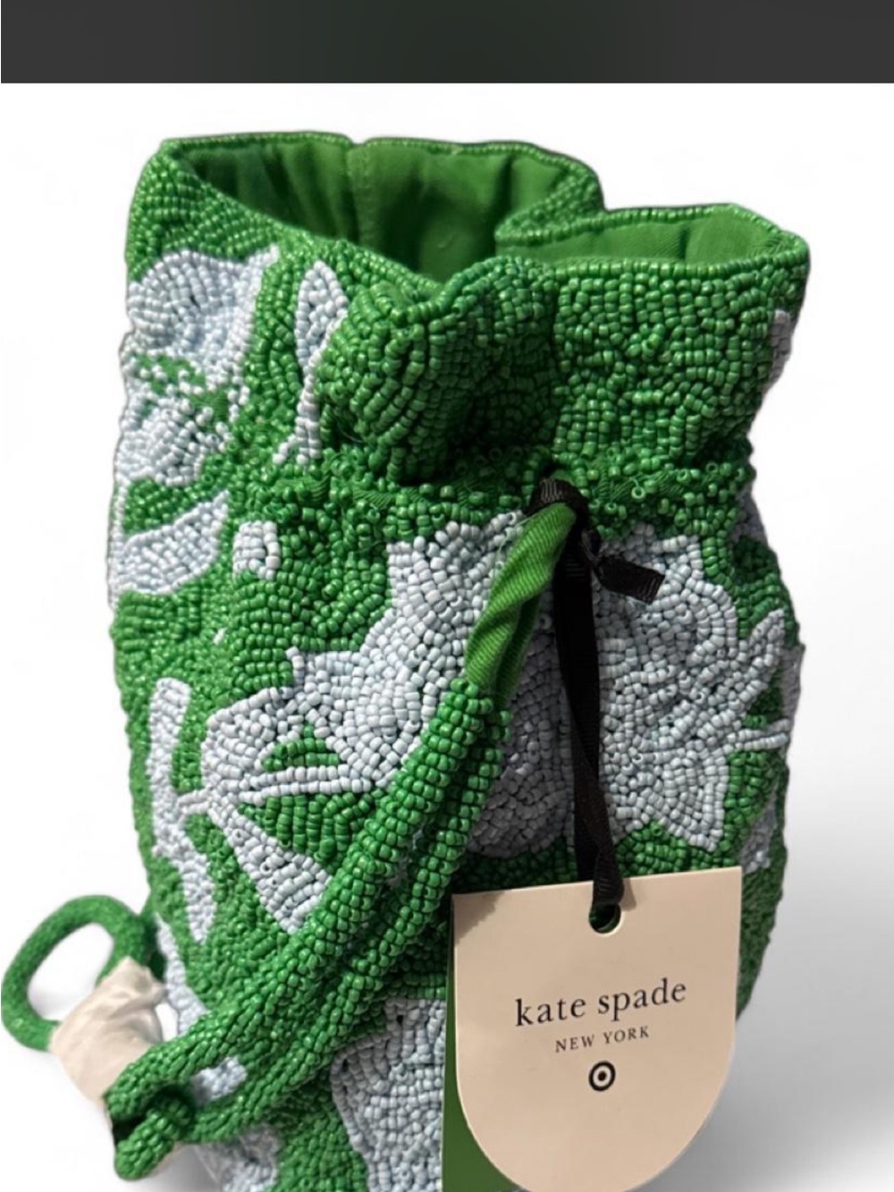 kate spade Green and White Beaded Drawstring Mini Bucket Bag